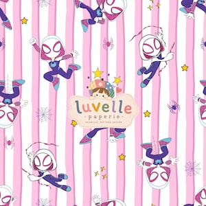 May include: A seamless pattern design featuring cartoon characters in white and purple suits with pink accents, set against a background of vertical pink stripes. The pattern includes small spider webs, yellow stars, and a central logo reading luvelle paperie.