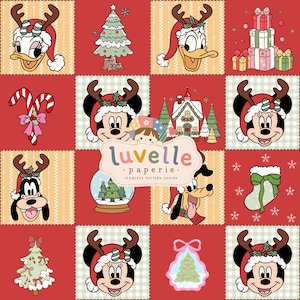 Könnte beinhalten: Ein nahtloses Musterdesign mit Zeichentrickfiguren, die Rentiergeweihe und Weihnachtsmützen tragen, sowie Weihnachtsbäumen, Geschenkkartons, Zuckerstangen und Strümpfen auf einem rot-beigen Gitterhintergrund. Der Text luvelle paperie ist mittig.