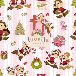 May include: A seamless pattern design featuring cartoon chipmunks wearing Santa suits, Christmas trees, candy canes, gifts, and gingerbread houses on a light pink and white striped background. The text "luvelle paperie" is centered.