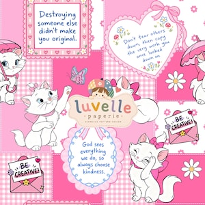 May include: A seamless pattern design featuring white kittens with pink bows, butterflies, daisies, and pink envelopes labeled BE CREATIVE. Text boxes include quotes about originality, kindness, and copying others, centered around a luvelle paperie logo.
