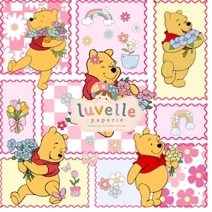 Puede incluir: Un diseño de patrón sin costuras que presenta a Winnie the Pooh con una camisa roja sosteniendo varios ramos de flores, rodeado de arcoíris, mariposas y fondos de cuadros rosas. El centro incluye el texto luvelle paperie.