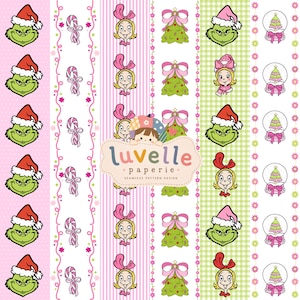 Könnte beinhalten: Ein digitales nahtloses Musterdesign mit vertikalen Streifen aus weihnachtlichen Illustrationen, darunter grüne Grinch-Gesichter mit Weihnachtsmützen, Zuckerstangen, blonde Figuren mit rosa Schleifen, geschmückte Bäume und Schneekugeln mit dem Text luvelle paperie.
