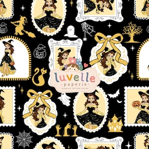 May include: A seamless pattern design featuring illustrations of a woman dressed as a witch in black and yellow gowns, framed in ornate borders with gold bows. The black background includes white and gold icons of pumpkins, ghosts, bats, and trees.