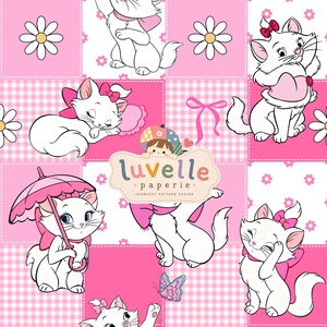 Aristocats Seamless Pattern, Pink Gingham Kitty Patchwork, Nursery Fabric (Digital Download)