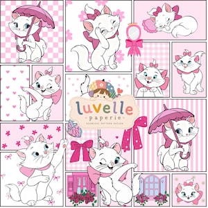 Puede incluir: Un collage digital con múltiples ilustraciones de un gatito blanco con lazos rosas, paraguas rosas y patrones florales. El texto central dice luvelle paperie seamless pattern design. La paleta de colores consiste en blanco y tonos rosas.