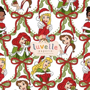May include: A seamless pattern design featuring cartoon princesses wearing Santa hats and holiday outfits, framed by green scalloped circles and red bows. The center includes a logo with the text luvelle paperie seamless pattern design.