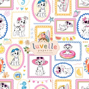May include: A seamless pattern design featuring cartoon Dalmatian puppies in various summer activities, including wearing sunglasses, swimming with a donut float, and surfing. The design includes colorful frames, beach icons, and the text luvelle paperie.