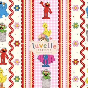May include: A seamless pattern design featuring Sesame Street characters including Elmo, Big Bird, Cookie Monster, and Oscar the Grouch. The design includes red scalloped borders, pink gingham stripes, and colorful flowers on a cream background.