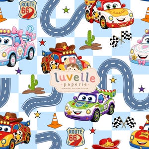 May include: A seamless pattern design featuring cartoon cars with faces, Route 66 signs, checkered flags, orange traffic cones, and cacti on a light blue and white checkered background. The text luvelle paperie is centered in the image.