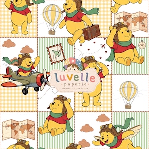May include: A seamless pattern design featuring Winnie the Pooh wearing an aviator hat and scarf, depicted in various travel scenes with hot air balloons, aeroplanes, maps, and suitcases. The text "luvelle paperie" is centred in the design.