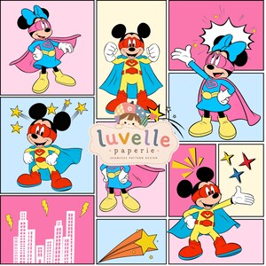 Puede incluir: Una ilustración digital que presenta múltiples paneles de personajes Mickey y Minnie Mouse como superhéroes con trajes coloridos, capas y máscaras, junto a un logotipo central que dice luvelle paperie seamless pattern design.