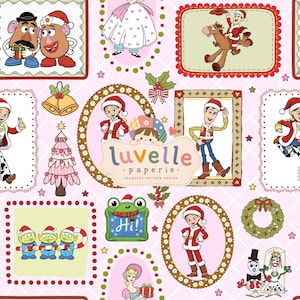 May include: A seamless pattern design featuring various cartoon characters in Christmas attire, including Mr. and Mrs. Potato Head, Woody, and green aliens, framed in decorative borders on a light pink background with the text luvelle paperie.