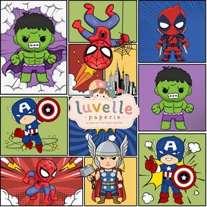 May include: A digital graphic design featuring a grid of chibi-style superheroes including Hulk, Spider-Man, Deadpool, Captain America, and Thor. The centre contains the text luvelle paperie seamless pattern design with a small illustrated character.