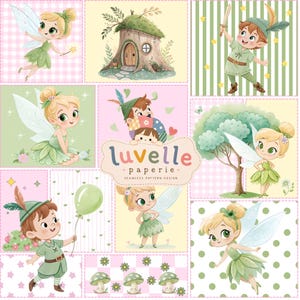 Op de afbeelding: Een digitaal patroonontwerp met illustraties van feeën met blond haar en groene jurken, een jongen in een groene tuniek met een zwaard, een boomhut en paddenstoelen. Het midden bevat de tekst luvelle paperie seamless pattern design.