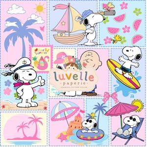 Könnte beinhalten: Eine digitale Collage mit Snoopy und Charlie Brown in sommerlichen Szenen. Zu den Elementen gehören Snoopy beim Segeln, Surfen und Entspannen unter einem rosa Sonnenschirm. Das Design enthält Palmen, Wassermelonen, Sandburgen und den Text luvelle paperie.