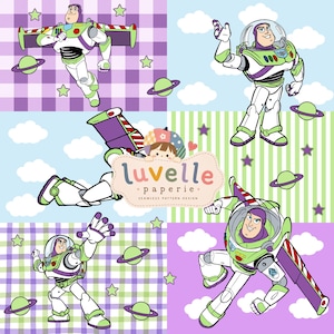 May include: A seamless pattern design featuring Buzz Lightyear in various poses, including flying and standing, set against backgrounds of purple plaid, light blue clouds, and green stripes, with small green planets and stars, and the text luvelle paperie.