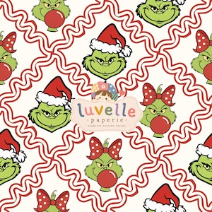 May include: A seamless pattern design featuring green characters with grumpy expressions, some wearing red Santa hats and others with red polka-dot bows, set against a white background with red wavy lines. The text luvelle paperie is centered.