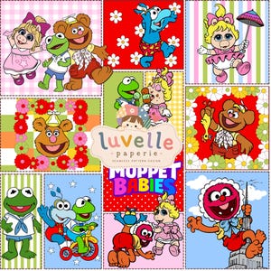 Könnte beinhalten: Eine digitale Collage mit Muppet Babies-Figuren wie Kermit, Piggy, Fozzie, Gonzo und Animal in verschiedenen bunten Szenen mit Blumenmustern, Streifen und Punkten. In der Mitte befindet sich der Text luvelle paperie und MUPPET BABIES.