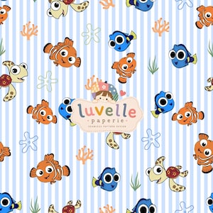 Ocean Fish Blue Stripe Seamless Pattern, Sea Animal Print, Kids Fabric (Digital Download)