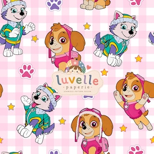 May include: A seamless pattern design featuring cartoon dogs in pink and teal outfits on a light pink checkered background with yellow stars and purple paw prints. The center includes a logo with the text luvelle paperie seamless pattern design.