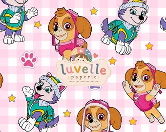 Motif sans couture Chien de sauvetage, imprimé chiot vichy rose, tissu pour enfants (téléchargement numérique)