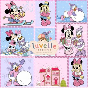 May include: A digital pattern sheet featuring Disney characters Minnie Mouse and Daisy Duck in winter attire, including skiing, building snowmen, and exchanging gifts. The centre includes the text luvelle paperie seamless pattern design.