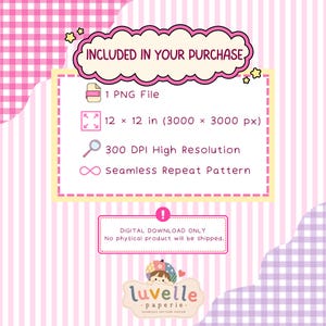 May include: A digital download information graphic with a pink and white background. It lists: INCLUDED IN YOUR PURCHASE, 1 PNG File, 12 x 12 in (3000 x 3000 px), 300 DPI High Resolution, Seamless Repeat Pattern, and DIGITAL DOWNLOAD ONLY.