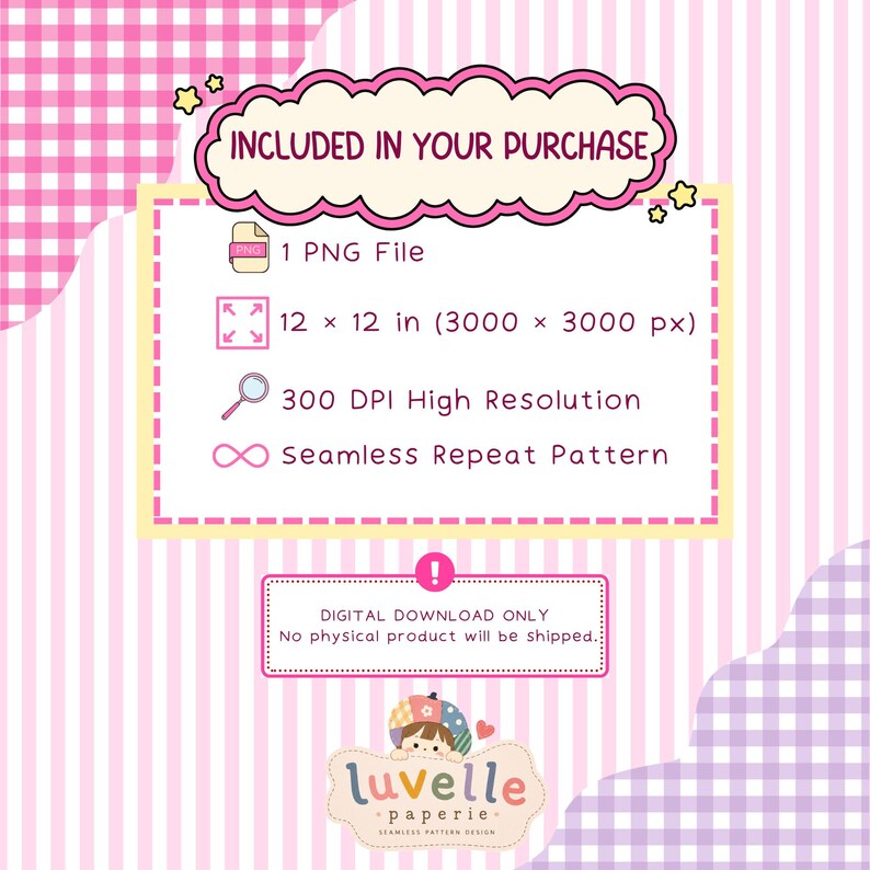 May include: A digital download information graphic with a pink and white background. It lists: INCLUDED IN YOUR PURCHASE, 1 PNG File, 12 x 12 in (3000 x 3000 px), 300 DPI High Resolution, Seamless Repeat Pattern, and DIGITAL DOWNLOAD ONLY.