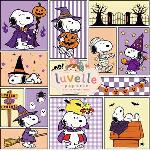 May include: A digital collage featuring Snoopy in various Halloween costumes, including a vampire, witch, and mummy. The design includes pumpkins, ghosts, bats, and a sign reading Trick or Treat. The center displays the text luvelle paperie.
