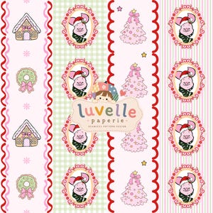 Könnte beinhalten: Ein nahtloses Musterdesign mit vertikalen Streifen aus Lebkuchenhäusern, Kränzen, rosa Weihnachtsbäumen und einer Schweinefigur mit Weihnachtsmütze in verzierten Rahmen. Der Text luvelle paperie steht zentriert auf einem beigen, gewellten Etikett.