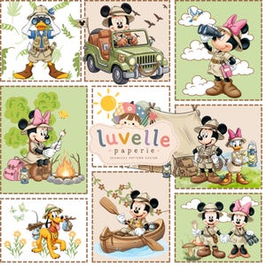 May include: A digital illustration featuring a grid of Disney characters in safari gear, including Mickey, Minnie, Donald, and Pluto camping, canoeing, and exploring. The center includes the text 'luvelle paperie seamless pattern design'.