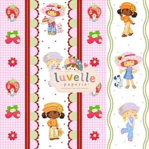 Diseño sin costuras de niña con fresas, patchwork de cuadros rosas, tela infantil (descarga digital)