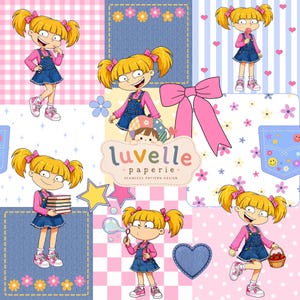 May include: A digital pattern design featuring a cartoon girl with blonde pigtails in a pink shirt and denim overalls. The design includes pink bows, hearts, stars, flowers, and a denim pocket. The text reads luvelle paperie seamless pattern design.