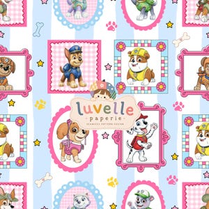 May include: A seamless pattern design featuring cartoon dogs from Paw Patrol in various colourful frames against a light blue and white striped background with small stars, paw prints, and bones. The text luvelle paperie is centred.