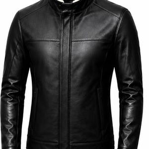Veste d'hiver pour homme en cuir noir, col en fourrure crème, fermeture à boutons-pression, coupe ajustée
