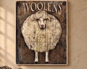 Primitive Sheep Wood Plaque, Beth Albert Woolens Folk Art, Rustic Farmhouse Wall Decor, Country Sheep Sign, Print Option