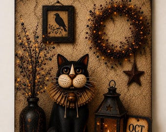 Primitive Halloween Black Cat Folk Art Print • Rustic Crow & Berry Wreath • Vintage Farmhouse Halloween Decor • Folk Art Wall Decor • 11x16