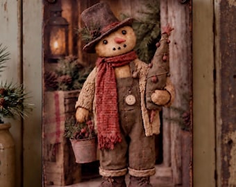 Primitive Snowman Wall Art: Handmade Wood Plaque or Winter Print (16x11 or 11x7)