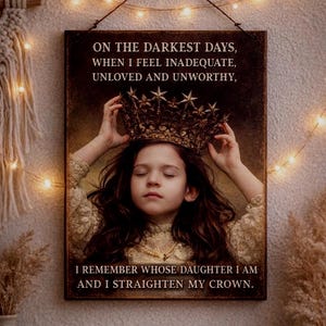 Puede incluir: Un cuadro enmarcado con el texto "ON THE DARKEST DAYS, WHEN I FEEL INADEQUATE, UNLOVED AND UNWORTHY, I REMEMBER WHOSE DAUGHTER I AM AND I STRAIGHTEN MY CROWN." La imagen muestra a una niña con una corona.