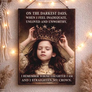 Può includere: Stampa incorniciata con una giovane persona che indossa una corona, con il testo: "ON THE DARKEST DAYS... I REMEMBER WHOSE DAUGHTER I AM AND I STRAIGHTEN MY CROWN." L'immagine ha un'estetica vintage, con toni caldi ed elementi decorativi.