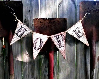 Hope Banner  / Made With Wood / 4 Pennants Strung Together With Twine / Ready To Display / Bunting / Garland / Handmade In The USA