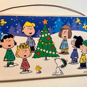 Noël Charlie Brown / Plaque en bois ou carte de voeux de votre choix / Belle neige scintillante scintillante / 20 x 10 cm / Un excellent cadeau de Noël