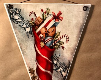 Vintage Christmas Stocking Wood Pennant: Handmade Holiday Decor (10x8 or 7x5)