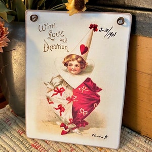 Carte postale vintage de la Saint-Valentin / Plaque en bois avec fil de fer ou impression sans bois / 6 x 4 pouces ou 7 x 5 cm / Cadeau de la Saint-Valentin / Décoration de la Saint-Valentin