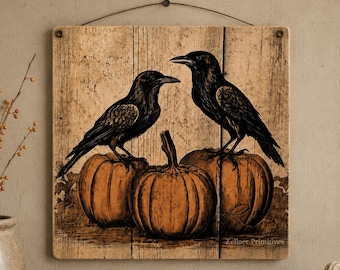 Primitive Crow and Pumpkin Wood Plaque, Rustic Fall Wall Decor, 11.5 Inch Square Autumn Farmhouse Sign