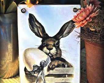 Bunny With Blue Ribbon Egg Print: Vintage Easter Decor