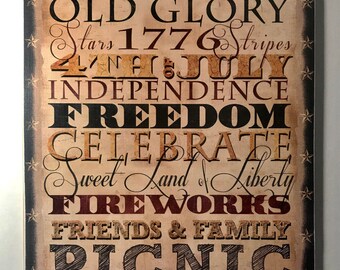 Primitive Americana Subway Art Adhered To Wood - 8'' x 10'' - Ready To Display With Vintage Wire Hanger - Made in USA