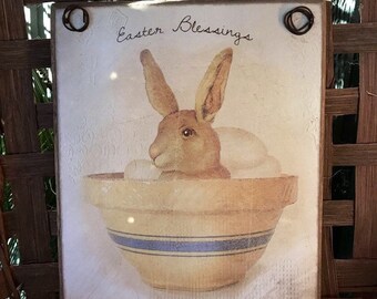 Easter Bunny in Bowl Wood Sign - Primitive Folk Art Decor