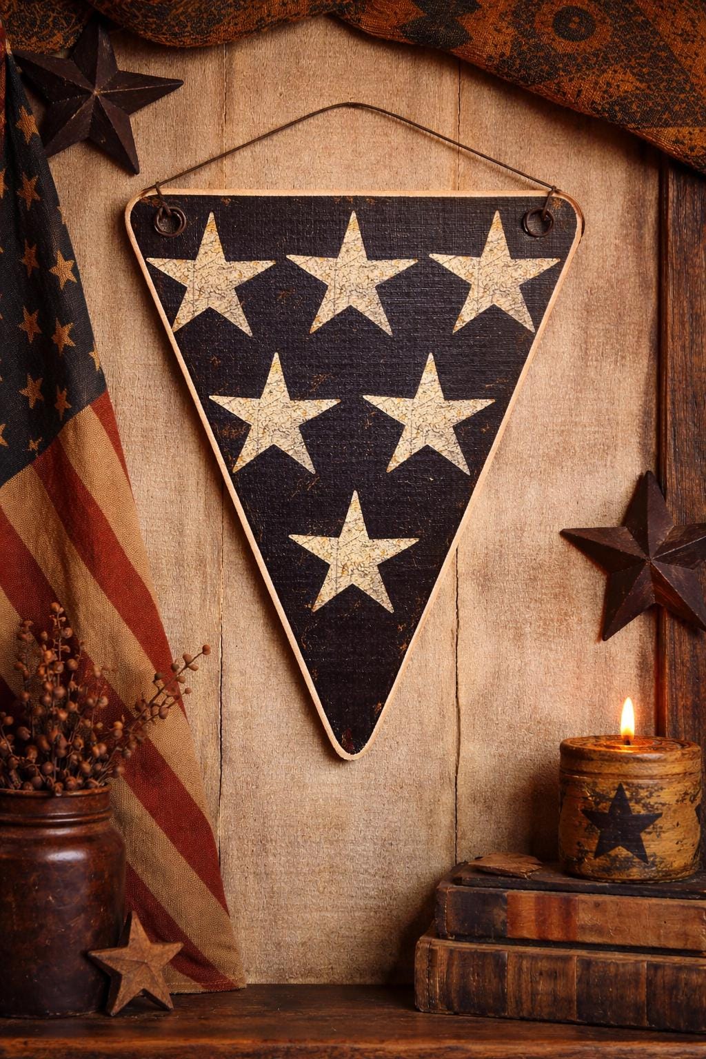 Americana Pennant With Rusty Wire Hanger Primitive USA Art