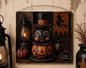 Primitive Halloween Cat & Pumpkin Wood Sign or Print, 11x14 Folk Art Halloween Decor, Black Cat Witch, Rustic Grungy Halloween Wall Art